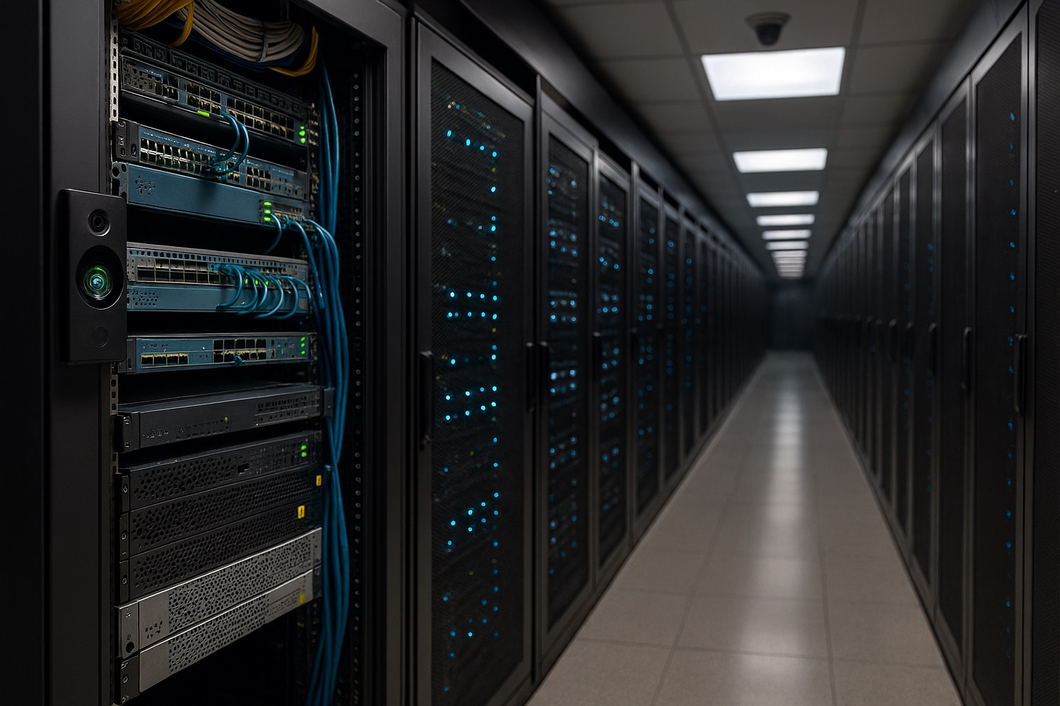 Data center aisle lined with enclosed server racks