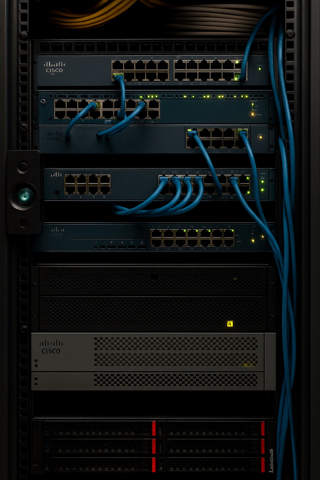Rack of network switches with structured blue patch cabling